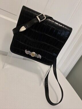 ZIPPI Black Croc-Embossed Crossbody/Shoulder Bag with Two-Tone Medallion Accent